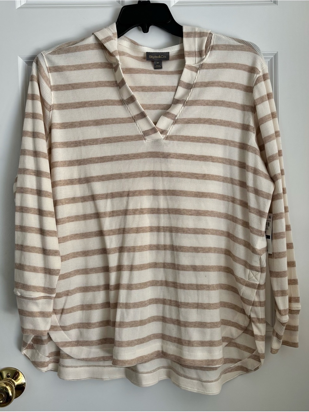 Style & Co. Cream and Tan Striped Hooded V-Neck Pullover